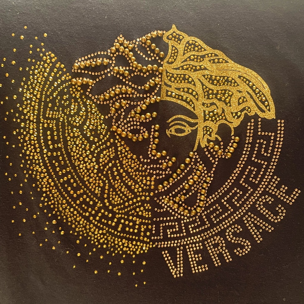 Versace Beaded Gold Medusa Design Navy Blue Tee, Large